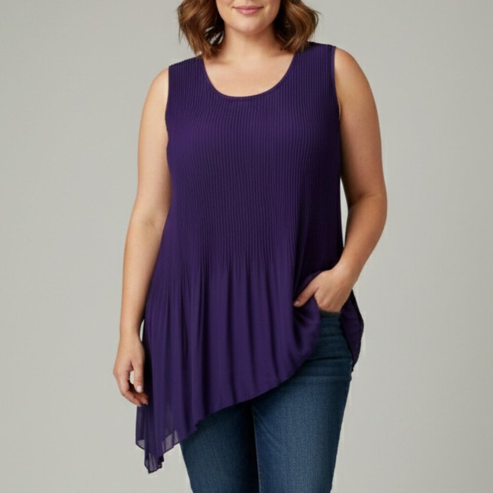 Cleo Pleated Asymmetrical Sleeveless Round Neck Top Purple Large